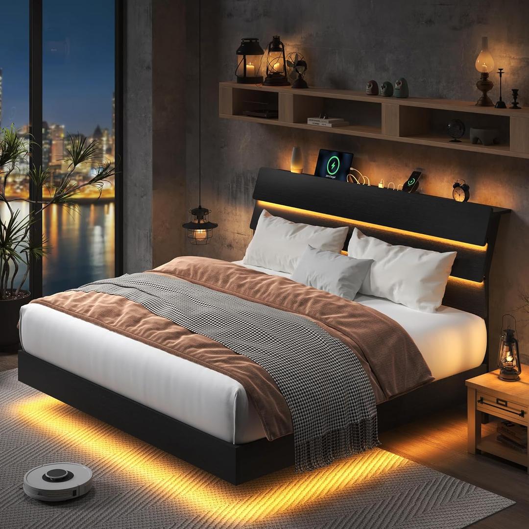 Feonase Floating Bed Frame King with Led Lights and Charging Station, Wood Full Size Bed Frame with Storage Headboard, Heavy Duty Metal Slats, No Box Spring Needed, Easy Assembly,Black