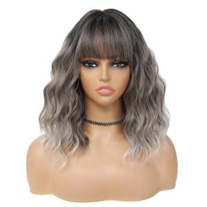 MINLEE Ombre Gray Wig with Bangs for Women 14 Inch Short Bob Wavy Curly Wig Grey Hair Wigs Heat Resistant Synthetic Wigs