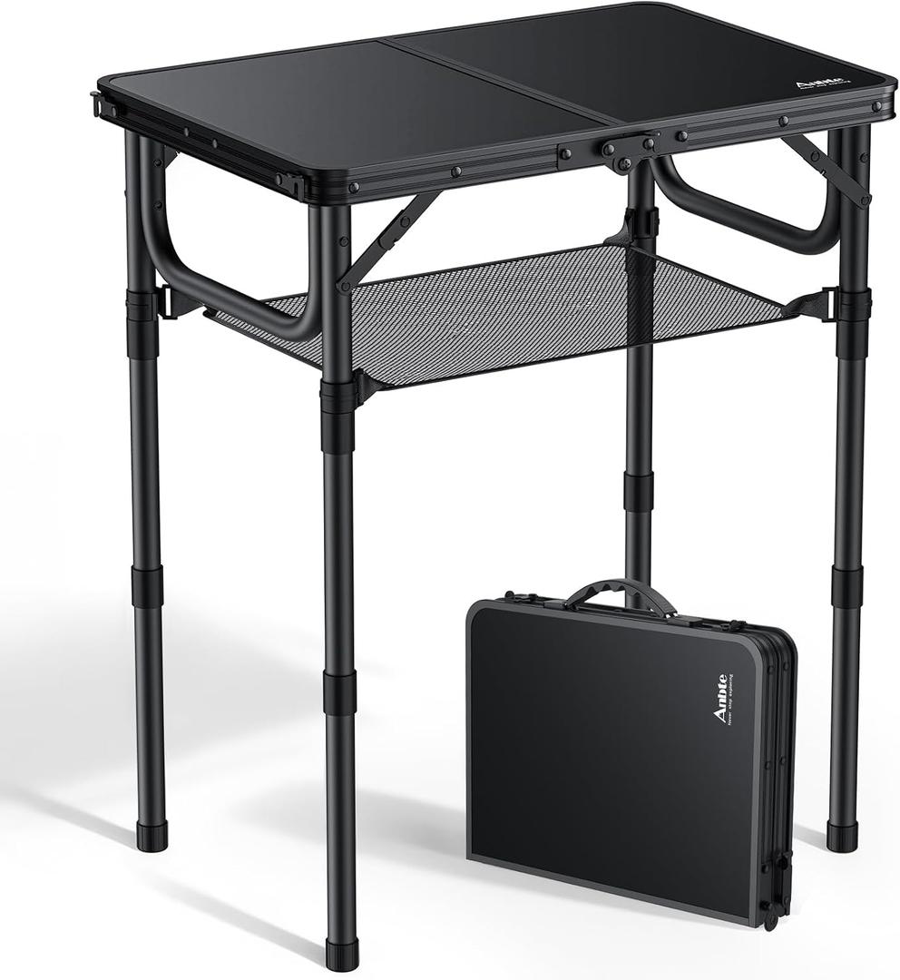 Anbte Folding Camping Table with Storage Net, Pure Black Aluminum 2ft Picnic Table 23.2" x 16" Outdoor Table Adjustable Height Max 27.5", Lightweight, Waterproof, Portable Handle for Travel Cooking