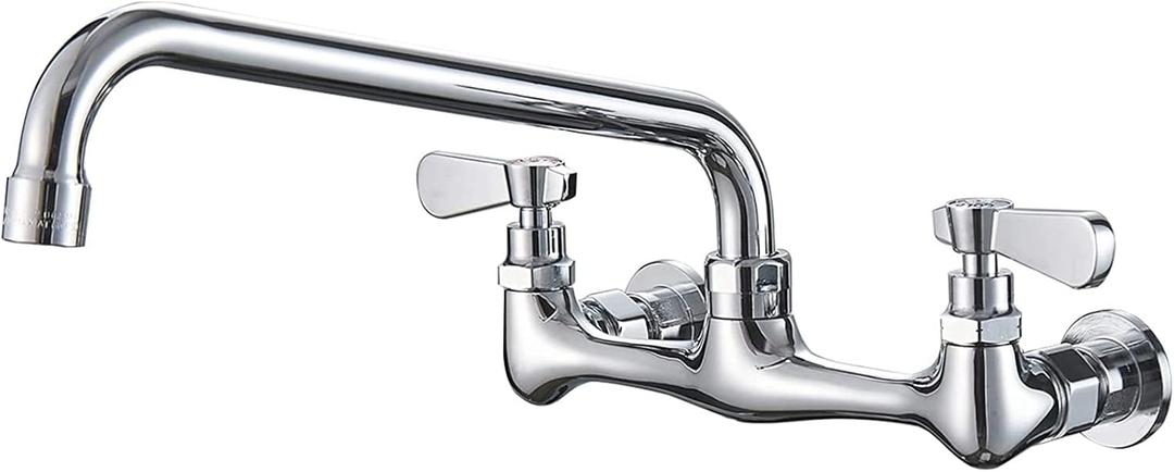BWE Kitchen Faucet Wall Mount Dual Handles Commercial Sink Faucet with 14 Inch Swivel Spout Kitchen Faucets Utility Laundry Restaurant Chrome Solid Brass Mixer Tap Laundry Faucet (14 Inch, Chrome)