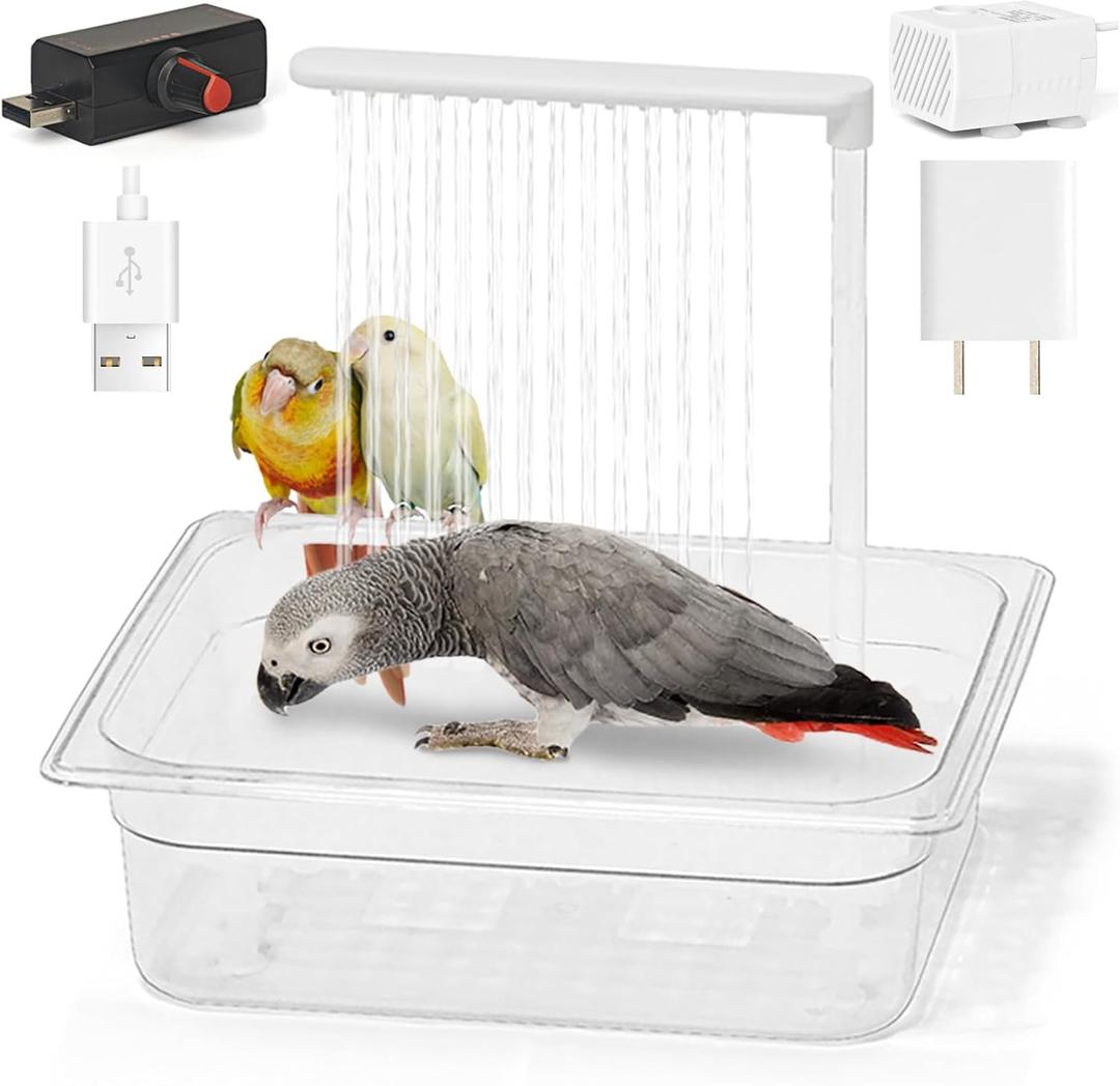 Automatic Bird Bath with Pump, Large Bird Shower Fountain Indoor Parakeet Bathtub with Running Water, Parrot Bath Tub Faucet for Pet Birds, African Grey, Cockatiel, Conure, Budgie, Lovebird