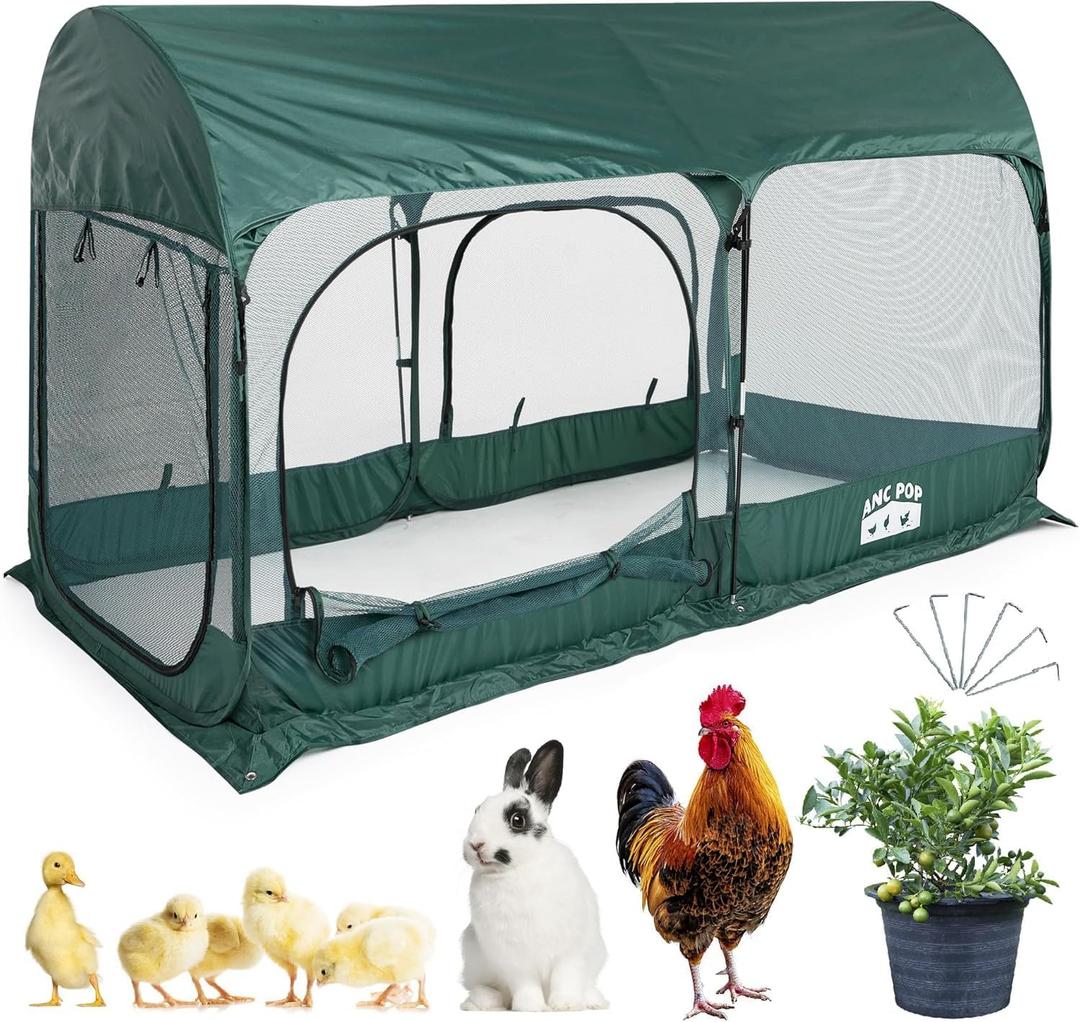ANC POP Portable Chicken Run Large Pop-Up Chicken Pen for Small Animals Outdoor Gardening Net with 3 Doors and Handbag, Easy to Install and Storage, Green