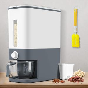 Rice Dispenser, 22-25 Lbs Rice Container with Measuring Cup, Upgraded Built-in Fresh Box, Cereal Dispenser Storage with Lids for Home Kitchen Pantry Rice Soybean Corn-Grey (White)