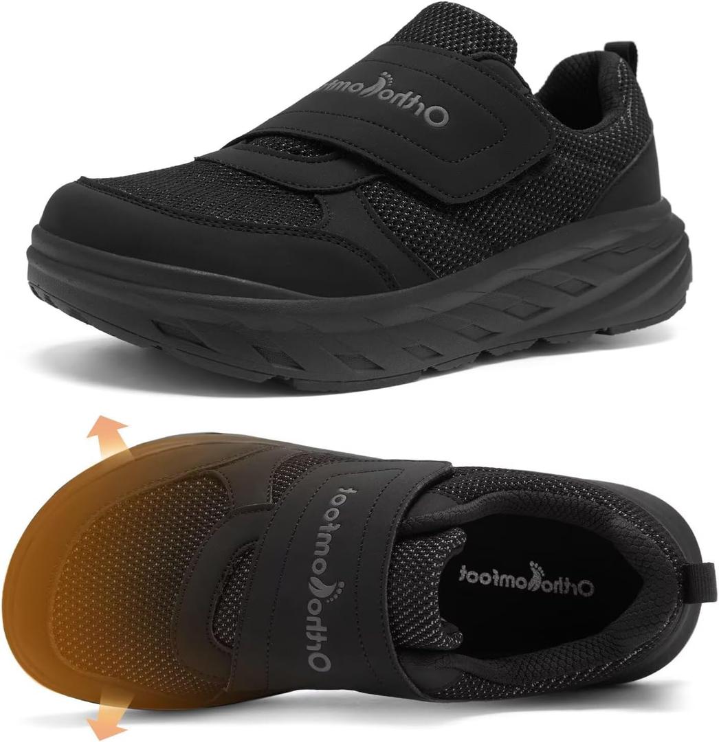 Men's Orthopedic Diabetic Walking Shoes: Wide Toe Box Comfortable Arch Support Plantar Fasciitis Slip On Shoes, Swollen Feet Casual Adjustable Loafers for Foot and Heel Pain Relief (9.5 Wide, Black)