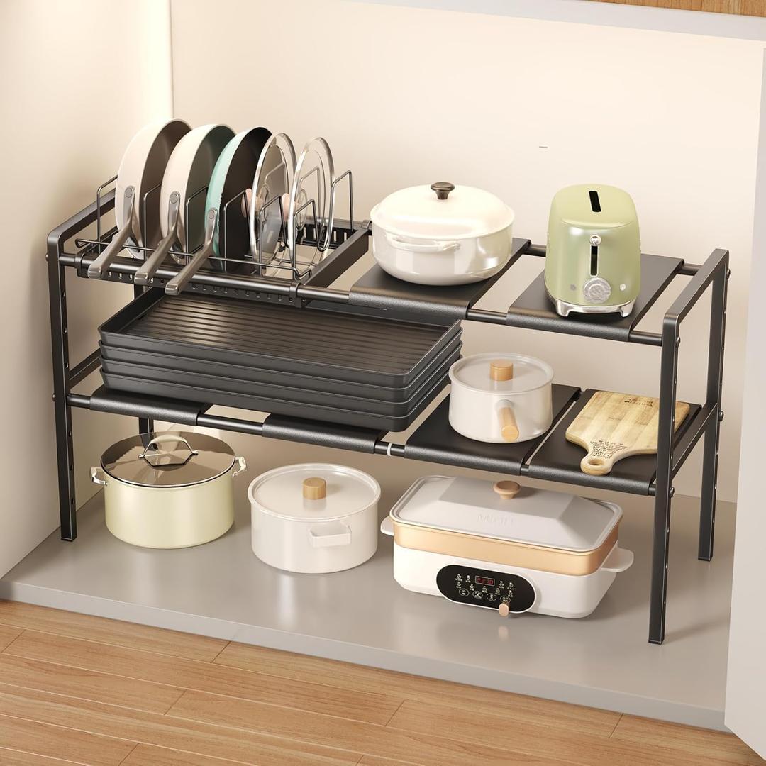Mustorn Pots and Pans Organizer Under Cabinet, Expandable 2 Tier Under Sink Organizers and Storage Adjustable Height Kitchen Pot and Pan Lid Holder Rack with 6 Dividers(6panels,1 Pot rack, Black)