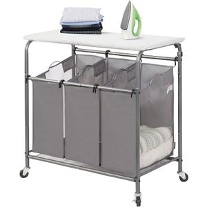 STORAGE MANIAC 3-Section Laundry Sorter with Foldable Ironing Board, Heavy-Duty Rolling Laundry Cart with and Removable Bags, Triple Laundry Hamper with Wheels, Dark Grey