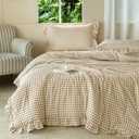 NSNLGSGC Tan Ruffle Gingham Comforter Set Queen, Pre-Washed Ruffled Taupe Plaid Checked Comforter Bedding, 3 Pieces Vintage Farmhouse Grid Bedding Set(Tan Gingham, Queen)