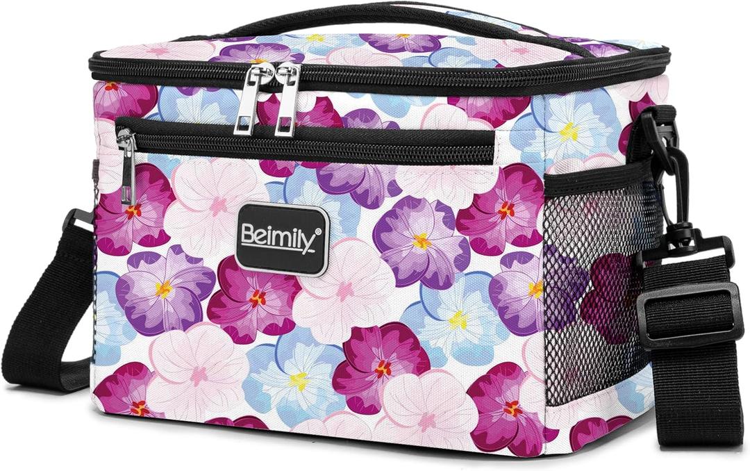 BEIMILY Lunch Bag for Women/Men,Reusable Lunch Box Small Lunch Bag Soft Sided,Leakproof Cooler Bag for Office Work Picnic Beach with Adjustable Shoulder Strap (lily flower)