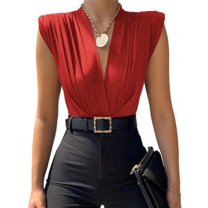 LYANER Women's Wraped V Neck Ruched Sleeveless Tank Leotard Bodysuit Top (Red) XS