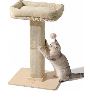 FUKUMARU Cat Scratching Post, Modern Style Tall Scratch Posts with Perch for Indoor Cats Adults, Large Cat Scratcher Tower with Bed, Small Tree with Raised Stand, Natural Sisal & Solid Wood