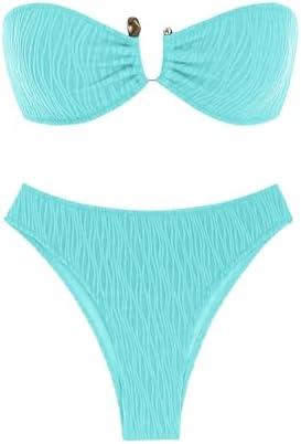 ZAFUL Women's Strapless Ribbed V Wired Lace Up Ruffle Tie High Cut Bandeau Swimsuits Bikini Set Size L