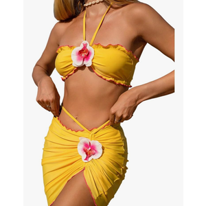 Milumia Women Three Piece Bikini Set 3D Floral Tie Back Lettuce Trim Halter Swimsuit with Cover Up