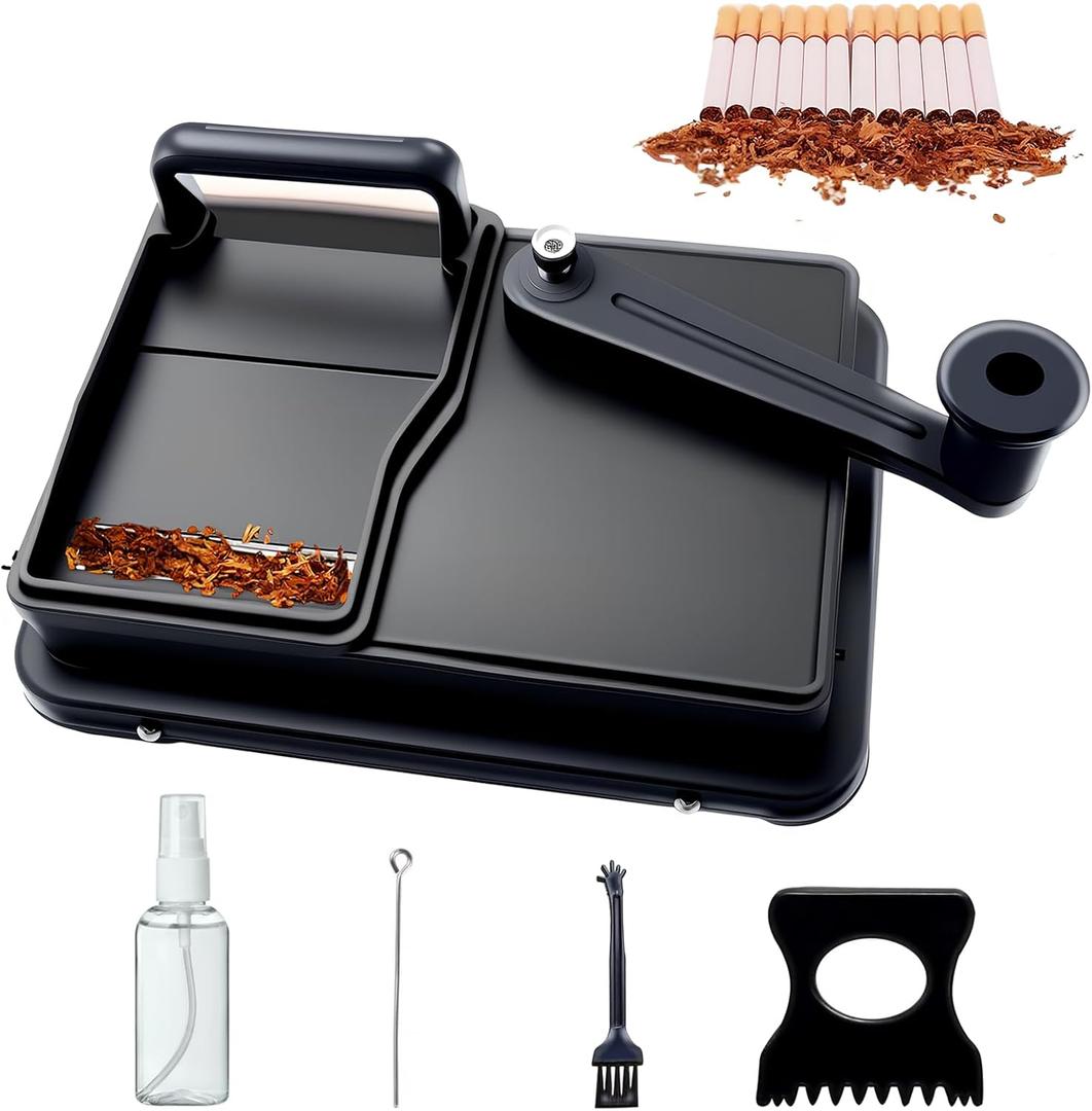 Cigarette Rolling Machine, Manual Cigarette Roller Cigarette Tobacco Injector for 8mm Diameter Pipes and Most Cigarette Tubes - Includes Pressed Board, Cleaning Brush, Tube Probe, Spray Bottle (Black)
