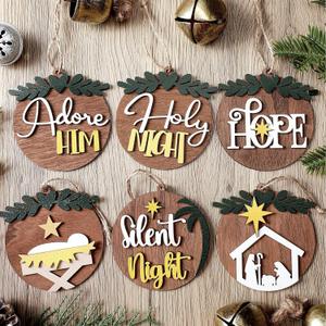 Shellwei 24 Pcs Christmas Nativity Story Wooden Ornaments Set Christmas Religious Scene Hanging Ornaments Bulk Christian Easter Gifts Xmas Tree Decoration Rustic Hanging Gift Tags for Family Crafts