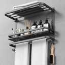 CAXIMSY 22.8Inch Towel Rack for Bathroom and Lavatory Towel Hanger with Wall Mount Towel Bars 304 Stainless Steel No Drill (Collapsible Black Towel Rack with Bathroom Organize Shower Shelves)