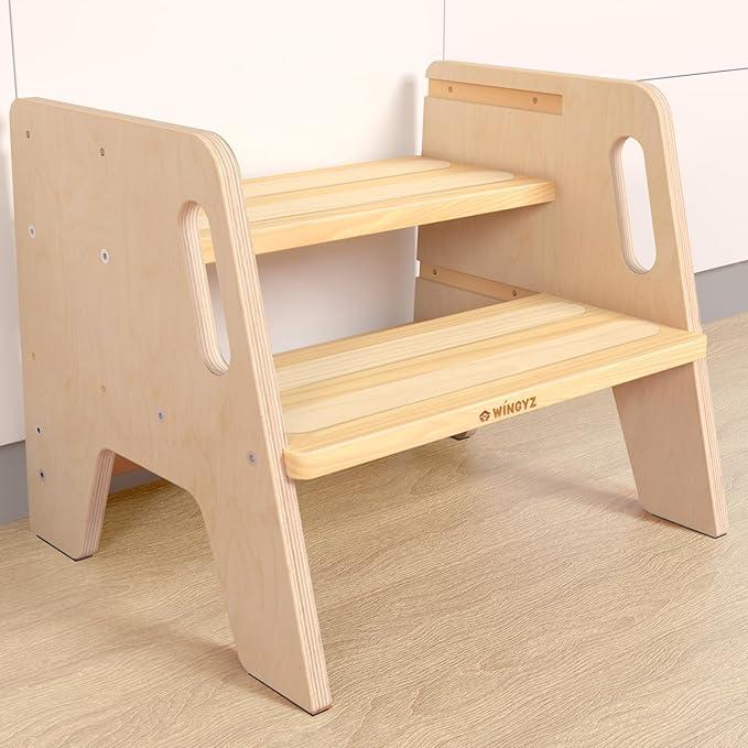 Wooden Step stools for Kids,Toddler Step Stool with Handles, Durable 3-Level Height Adjustable Stepstool for Bathroom Sink, Kitchen, Bedroom,Potty Training