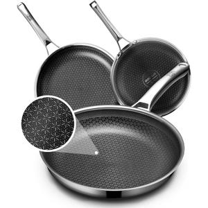 Non Stick Frying Pans Set, Hybrid Skillet Set Nonstick (8+10+12inch), Pans for cooking, PFOA Free Stainless Steel Kitchen set, Dishwasher and Oven-Safe Cookware Sets