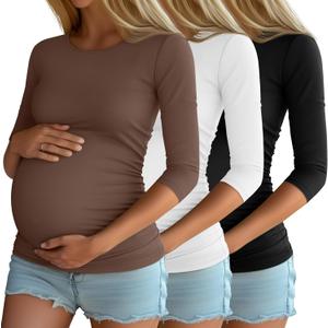 Riyiper 3 Pack Women's 3/4 Sleeve Maternity Shirts | Smooth Lightweight Fabric, Pregnancy-Friendly Stretch
