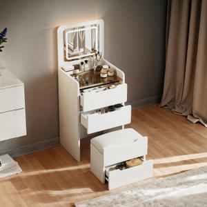 3 in 1 Compact Vanity Desk, Makeup Desk with Flip Top Mirror and Lights, Off White Vanity with 3 Drawers and Cushioned Storage Stool, Dressing Table for Bedroom