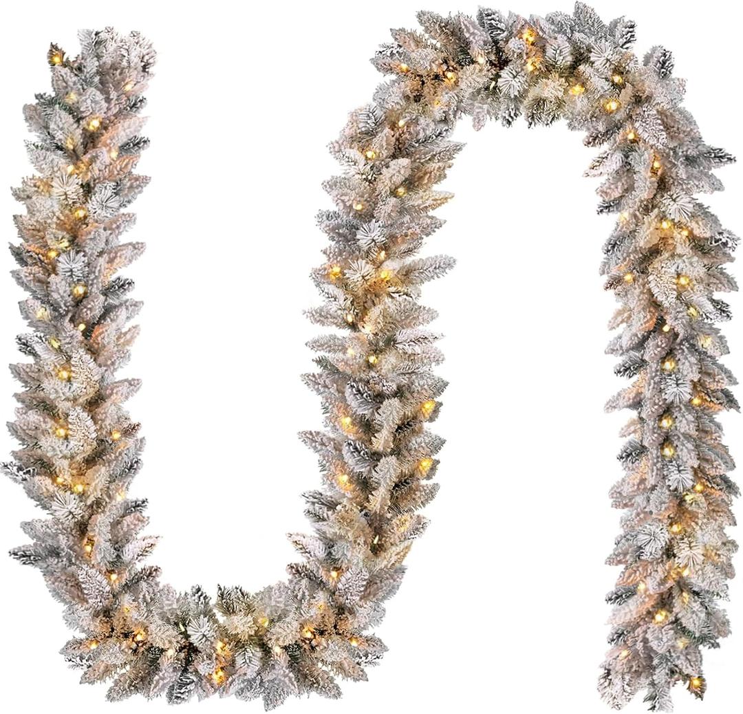 KOIUEYW Flocked Garland with Lights,9FT Battery-Powered Pre-Lit Christmas Garland, Glittered Artificial Christmas Garland with Warm LEDs for Mantle Home Fireplace Stairs Party Decoration