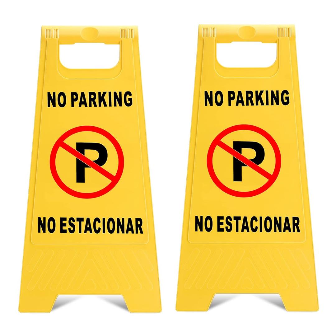 Outdoor No Parking Signs 2 Pack, Two-Sided Folding Floor Sign with Symbol, Includes English & Spanish No Estacionar Message, Yellow Portable Folding No Parking Sign for Business Lots