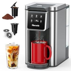 Horavie Single Serve Coffee Maker for K-Cup Pod and Grounds, Hot and Iced Coffee Maker, Strong Button Feature, 6 to 14oz Brew Sizes, 50oz Removable Tank, Up to 6.5 Inch Cup, Stainless Steel, Grey