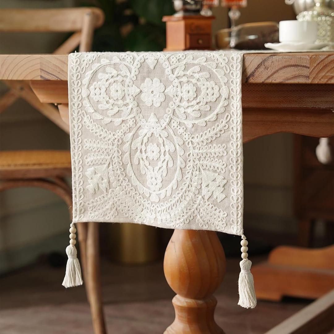 Embroidered Table Runner Boho Farmhouse Dresser Scarf Macrame Rustic Lace Doily with Tassel for Kitchen Indoor Outdoor Fireplace (Beige, 14 x 75 Inches)