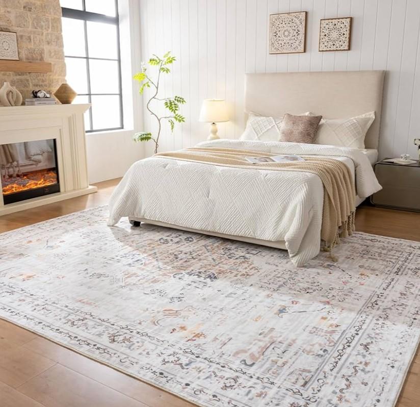 QOTIB 8x10 Washable Area Rug Vintage Distressed, Low Pile Large Rug with Non Slip Backing & Reinforced Edges, Ultra Soft Foldable Indoor Carpet for Living Room, Bedroom, Dining Room, Office, Gray