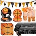 FillTouch 195 Pcs Basketball Party Supplies Basketball Party Decorations Disposable Tablecloth Paper Plates Cup Napkin Plastic Fork Knives Spoon and Banner for 24 Guests Sports Birthday Decorations