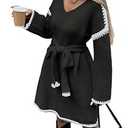 Womens Color Block Sweater Dress with Belt, Rolled Hem, Long Sleeve, V Neck, Knee Length, A Line, Oversized Knit Dress Fall, L