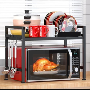 PUSDON Extendable Microwave Oven Rack, Adjustable Microwave/Toaster Shelf Heavy Duty Stand Kitchen Counter Top Organizer, 2 Tier, 160lbs Weight Capacity, Black ,28.1 L × 14.2 W× 19.7 H in