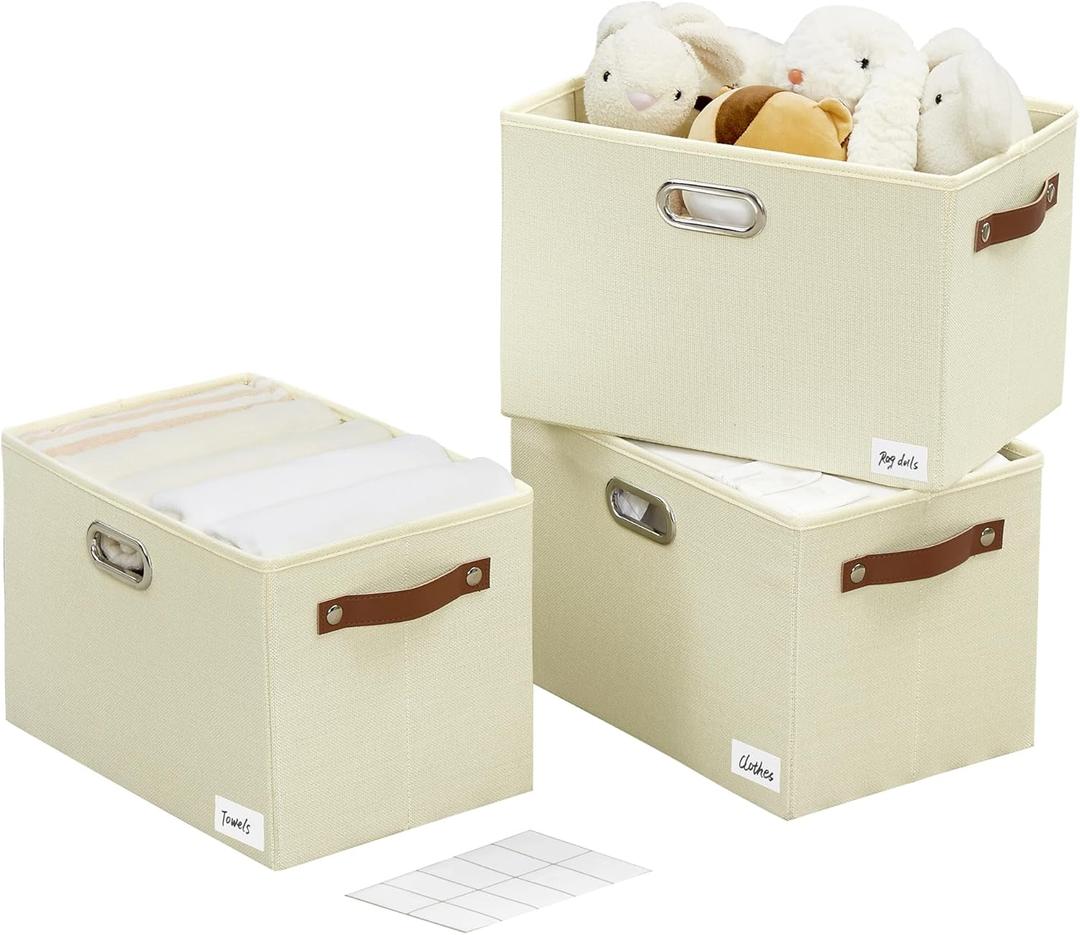 Large 3-Pack Foldable Fabric Storage Bins with Durable PU & Metal Handles , Collapsible Storage Baskets for Shelves, Home Storage, Closet Organizers, Living Room(14.9"x9.8"x9.8", Beige)