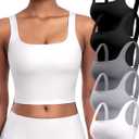 Womens Sports Bras 5 Packs - Square Neck Longline Workout Crop Tank Tops Padded Yoga Camisole with Built in Pads (L)