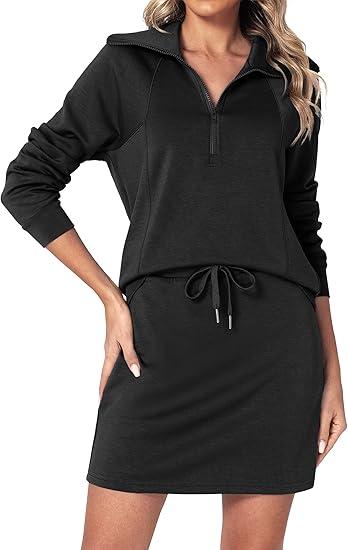 Casly Lamiit Women's 2 Piece Skirt Sets Athletic Skorts Tracksuit Half Zip Long Sleeve Workout Outfits Lounge Matching Set  (Medium, Black)