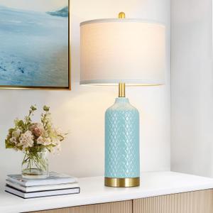 26 Aqua Blue Ceramic Lamp Single, Coastal Table Lamps for Living Room End Table, Modern Bedside Lamp for Nightstand, Elegant Farmhouse Bedroom Lamps for Desk Side Home Decor(Bulb Included)