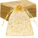 Staruby Organza Gift Bags 100Pcs Gold Sheer Organza Bag 5x7 Inch Mesh Favor Bags Drawstring Jewelry Rattan Printed Gift Pouches for Wedding Party Favors Couple Shower Christmas Gifts Candy Bags