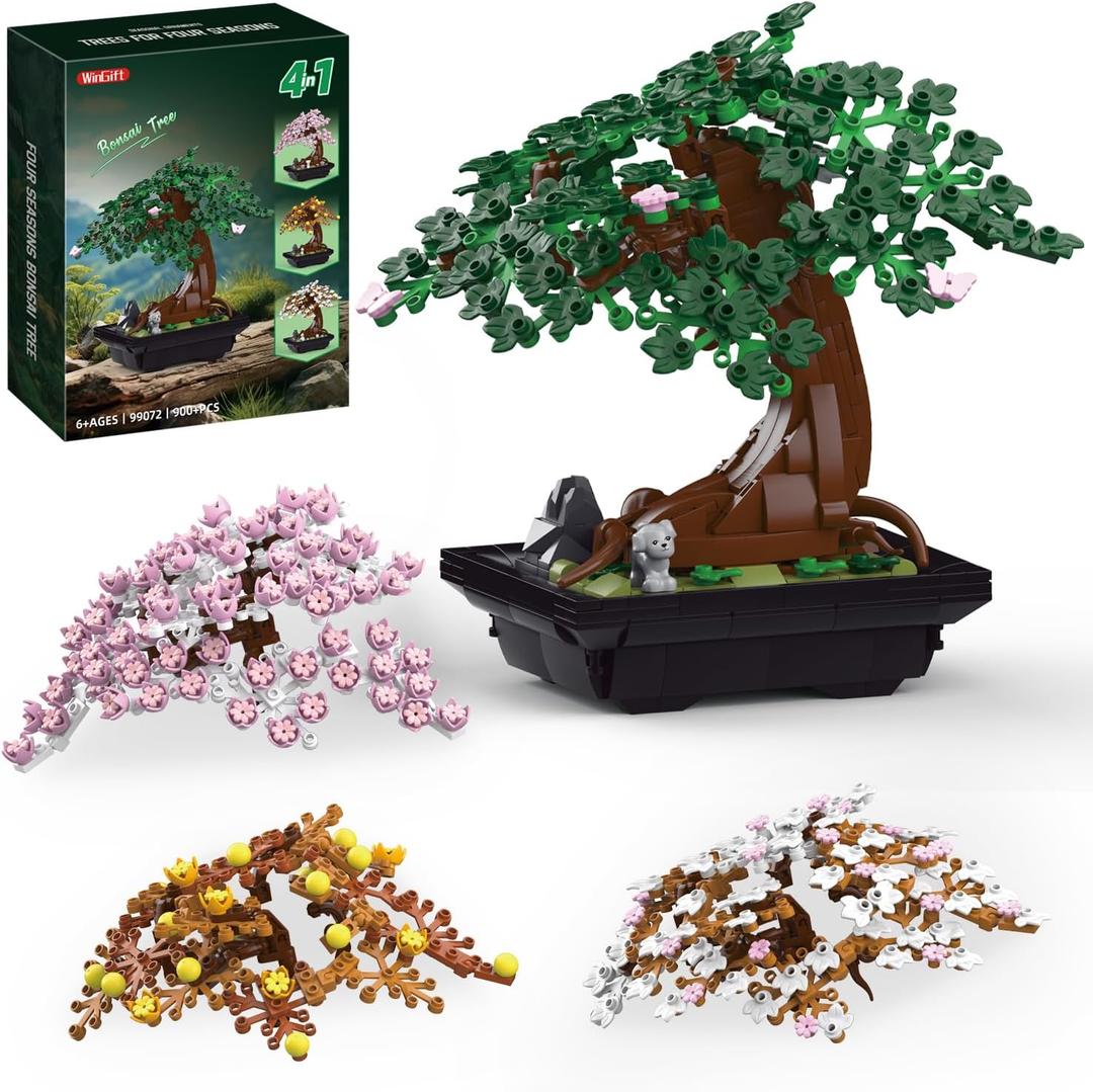900Pcs Four Seasons Bonsai Tree Building Set,4In1 Flowers Cherry Blossom Bonsai Building Kit, Botanical Collection DIY Plants for Home Office Decor, Christmas Birthday Gift for Adults Kids Girls