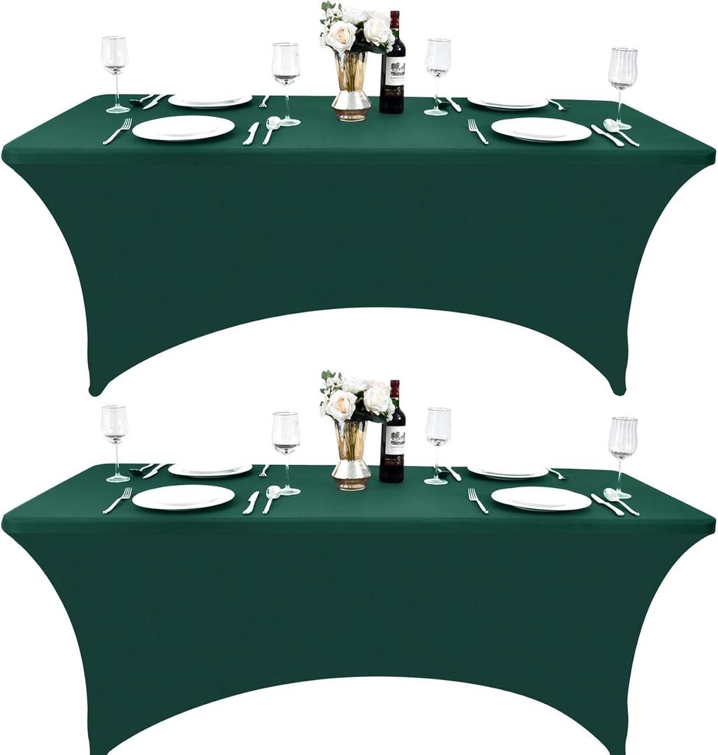 2-Pack 6ft Spandex Table Covers for Rectangle Standard Folding Tables - Wrinkle Resistant Stretch Tablecloths - Ultimate Fitted Table Protector for Parties, Trade Shows, Banquet (Blackish Green)