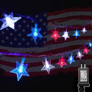 Twinkle Star 4th of July Decoration Lights, 100 LED 49FT Red White Blue Star String Lights, Plug in Fairy String Lights Waterproof, Extendable for Indoor, Outdoor, Independence Day Decor