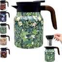 Vintage Floral Pattern Tea Pots  Built-in Infuser,Vintage Floral Teapot with Built In Infuser Stainless Steel Thermal Carafe with Lid for Hot Drinks,Green(Wooden handle,35oz)