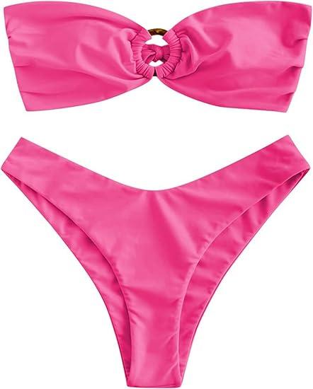 ZAFUL Women's Bandeau Bikini O Ring Strapless Tie Back High Cut Two Piece Swimsuit Bathing Suits L, Magenta