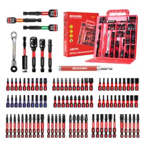 Geinxurn 100Pieces 1”/2” Impact Screwdriver Bits Set, Magnetic S2 Steel (Phillips/Slotted/Square/Torx/Hex/Security Torx) Driver Bits Tips,Impact Bit Holder and Nut Driver with Red Storage Box Case