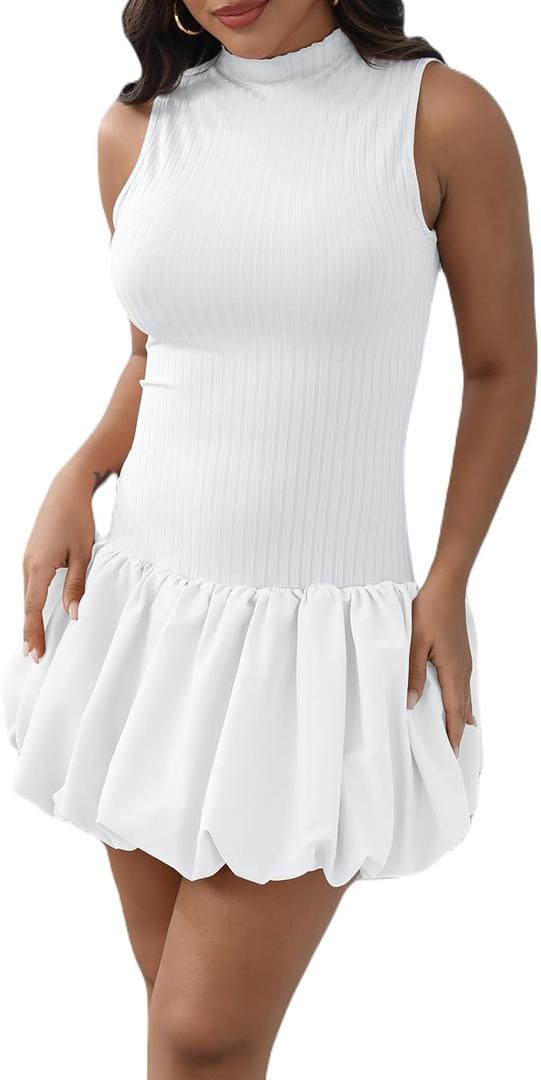 Mojessy Bubble Dress for Women Sexy Sleeveless Mock Neck Knit Mini Y2K Cute Bodycon Short Dress (Large, White)
