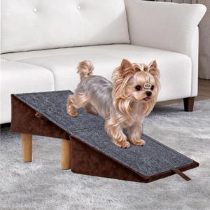 2-in-1 Ottoman Dog Ramp for Small Dogs & Cats - Foldable Wooden Pet Stairs for Low Bed & Ottoman, 11.8" L x 7.9" H, Non-Slip Carpet, Brown
