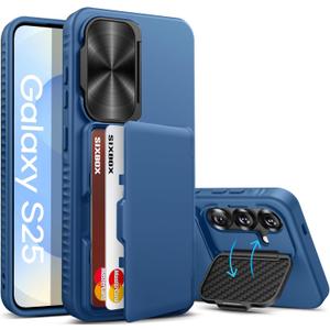 for Samsung Galaxy S25 Case with Card Holder, Built-in Stand & Camera Lens Cover, Shockproof Rugged Silicone Raised Edge Protective Wallet Protective Phone Case for Samsung S25 5G 2025, Blue