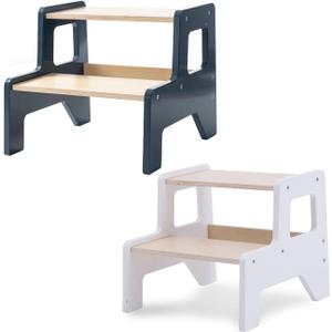 OgiOgi Toddler Step Stool, 2 Step Wooden Toddler Kitchen Stool Helper for Bathroom Sink, Toilet & Potty Training, 330lbs Capacity Stools for Kids with Safe Non-Slip Pads and Handles-Blue & White(2PCS) (Night Black+snowy White)