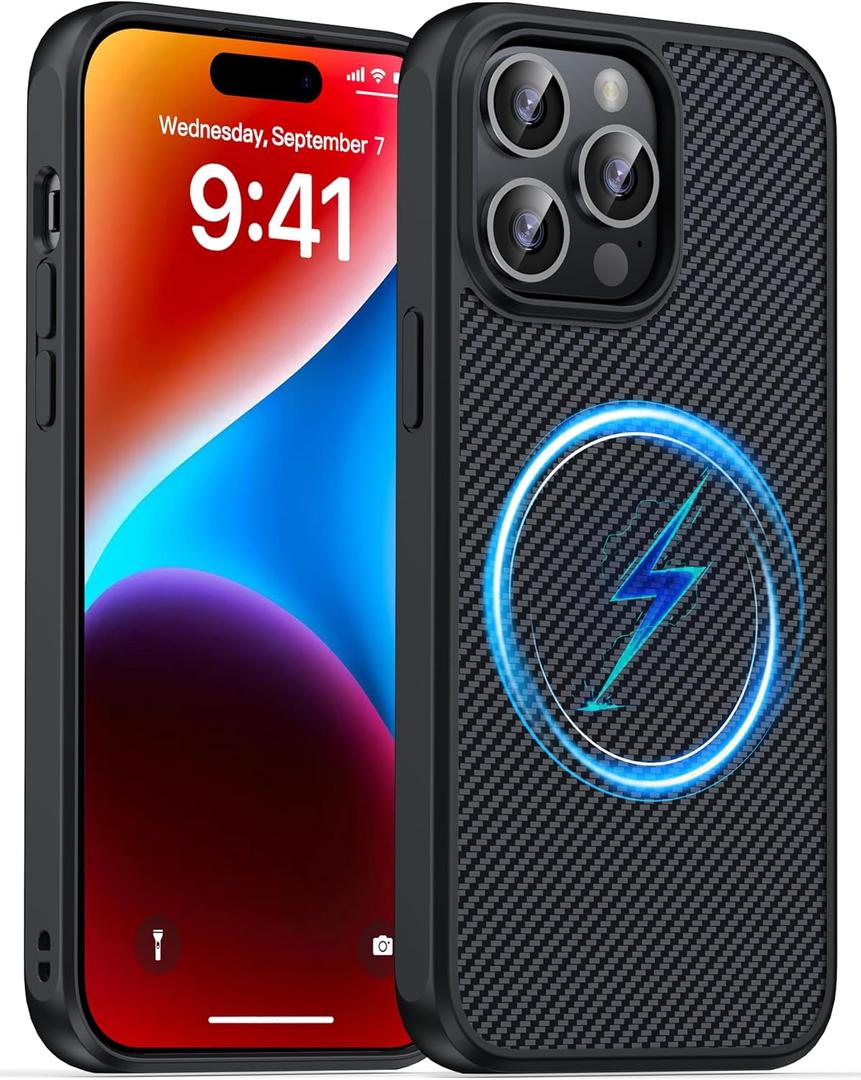 Magnetic for iPhone 14 Pro Max Case, Anti-Scratch Carbon Fiber Texture-Compatible with MagSafe - Military Grade Drop Protection - Slim Shockproof Phone Cover 6.7", Black