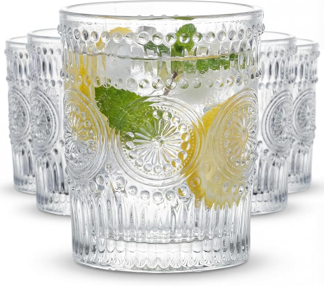 Kingrol 6 Pack SMALL 9 oz Drinking Glasses, Vintage Embossed Tumblers for Juice, Cocktails, Iced Tea