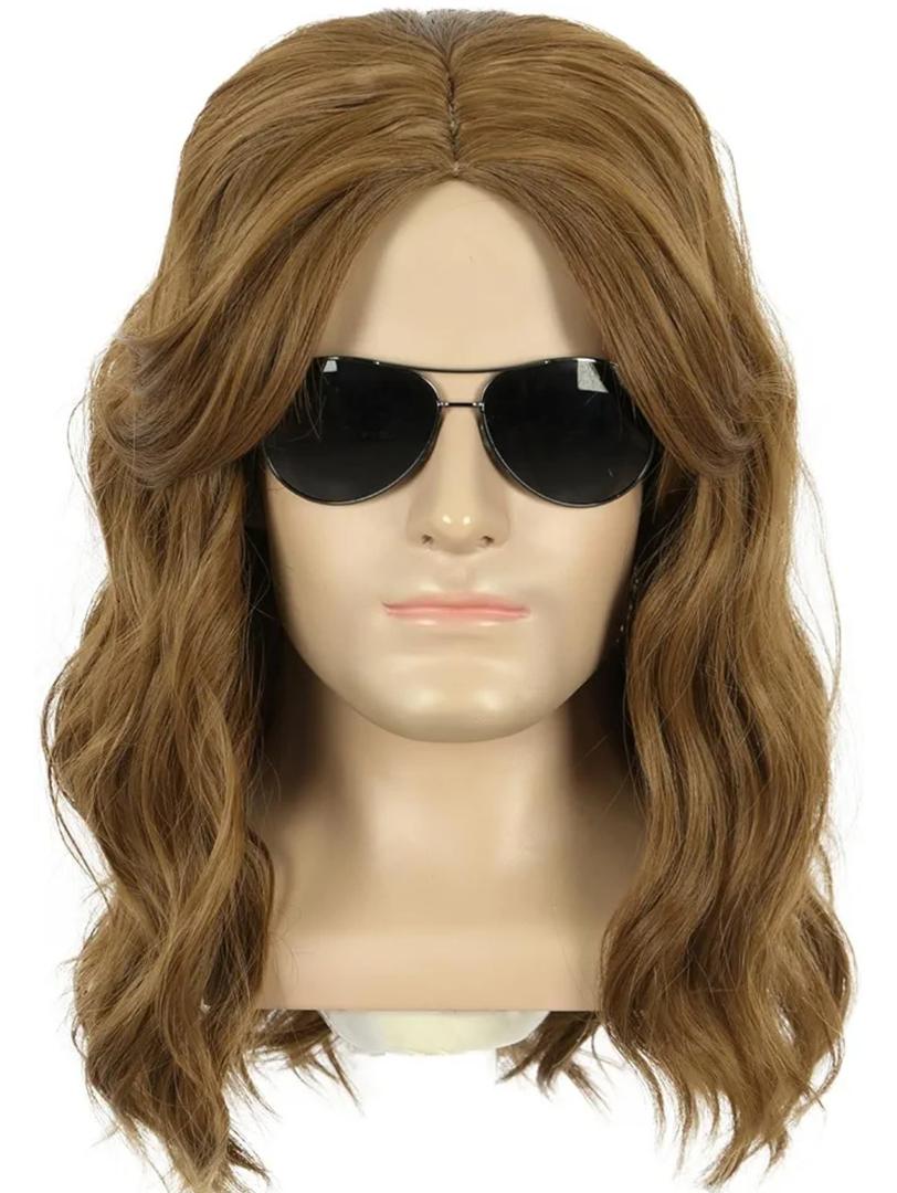 Long Brown Curly 70s 80s Mens Rocker Star Party Wig Heat Resistant Synthetic Fibers Fluffy Breathable Costume Hair