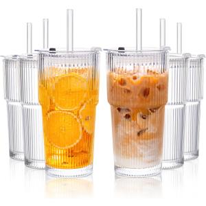 KEMORELA 6-Pack Ribbed Glass Tumblers with Lids & Straws  Vintage Style Iced Coffee Cups, Durable Smoothie & Cocktail Drinking Glasses, Reusable Clear Glassware for Home, Cafe, Office (6)